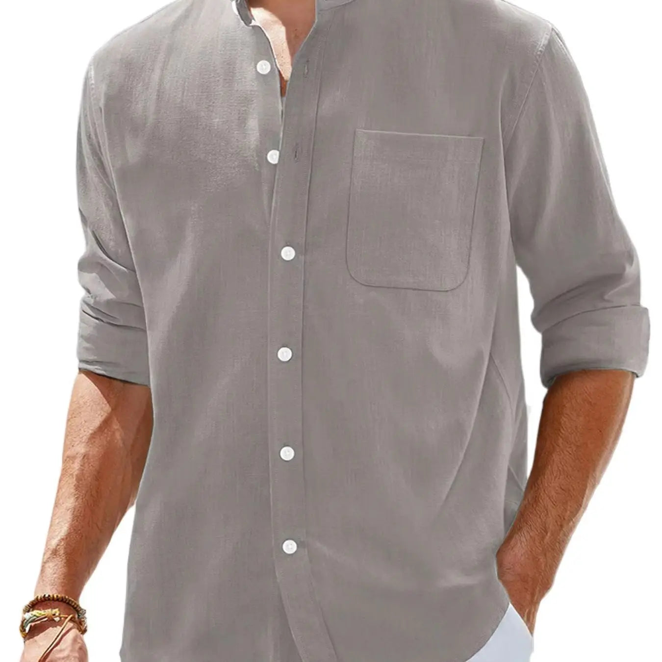 Men's Stand Collar Long Sleeve Casual Shirt for Spring and Summer