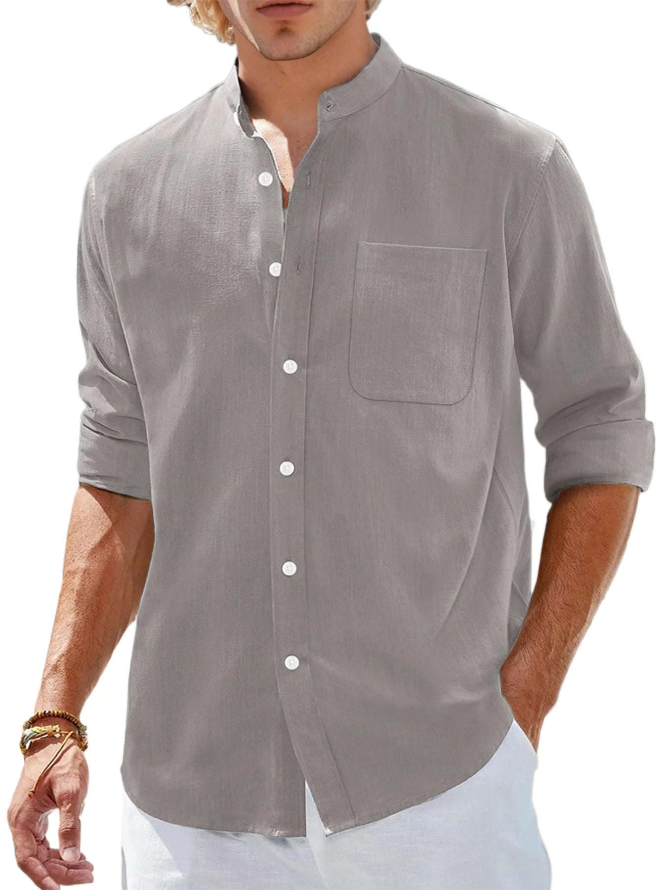 Men's Stand Collar Long Sleeve Casual Shirt for Spring and Summer