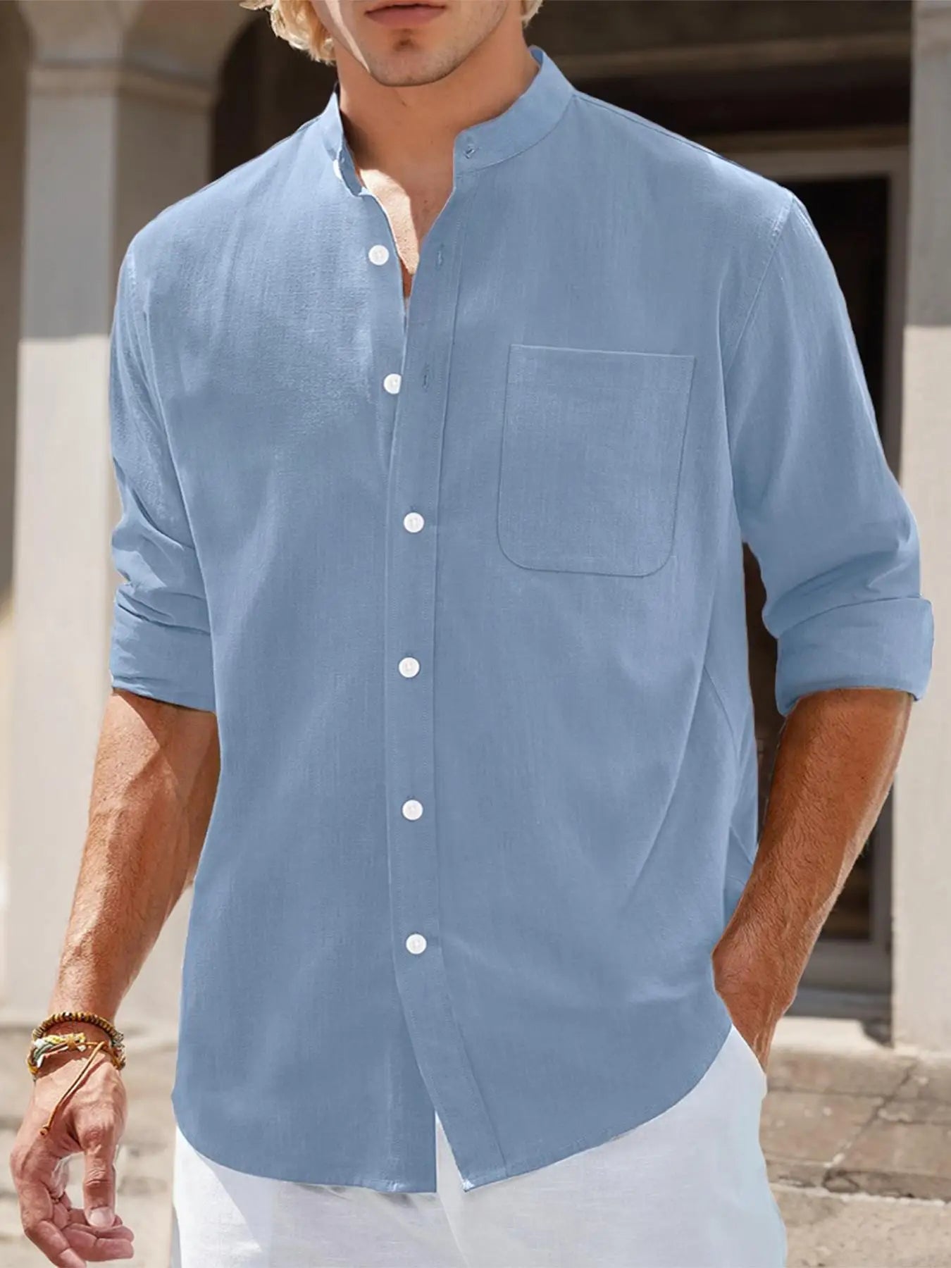 Men's Stand Collar Long Sleeve Casual Shirt for Spring and Summer