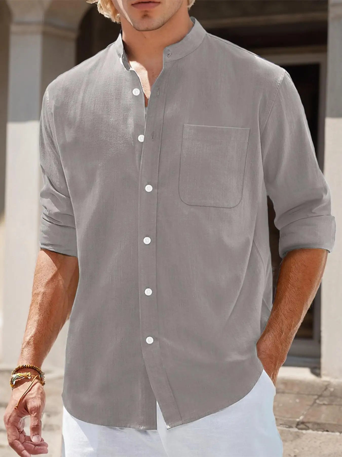 Men's Stand Collar Long Sleeve Casual Shirt for Spring and Summer