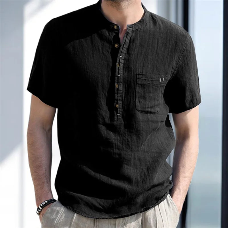 Men's Casual Fit Short Sleeve Linen Henley Shirt
