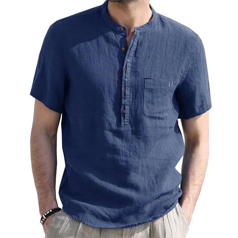 Men's Casual Fit Short Sleeve Linen Henley Shirt