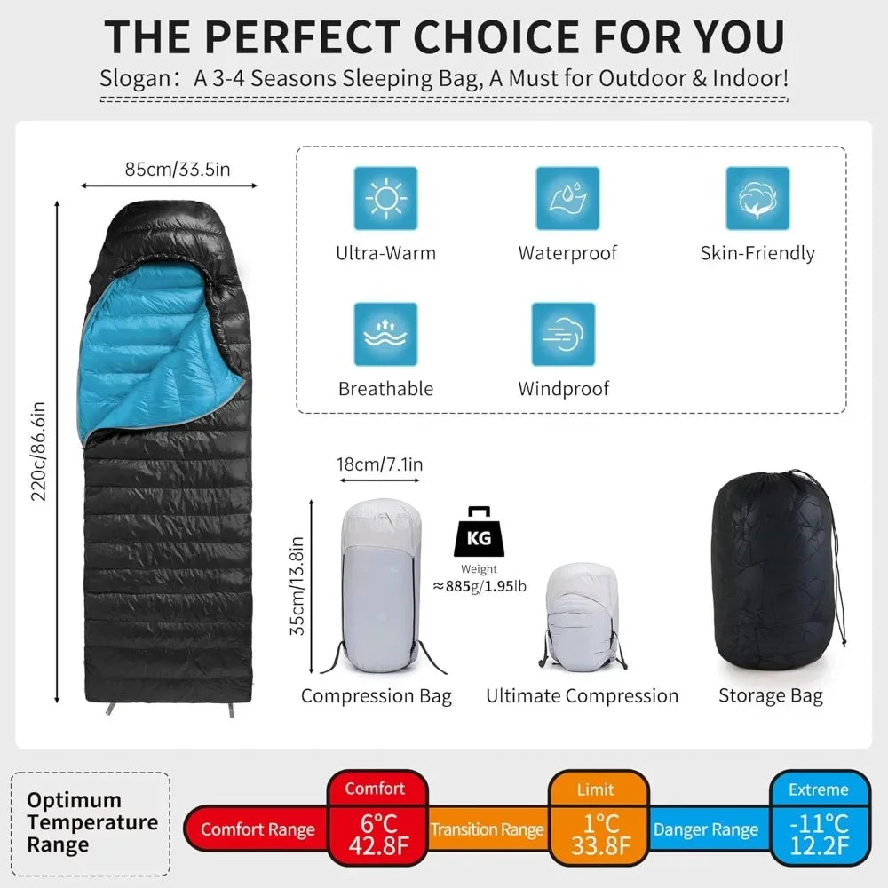 Ultra Light Down Sleeping Bag - 3-4 Seasons Waterproof for Hiking