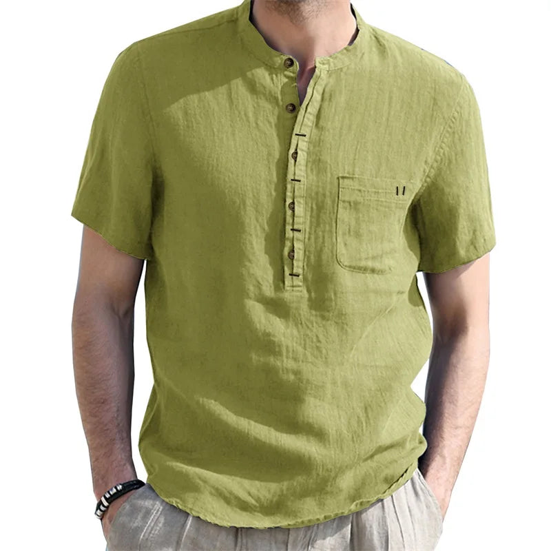 Men's Casual Fit Short Sleeve Linen Henley Shirt