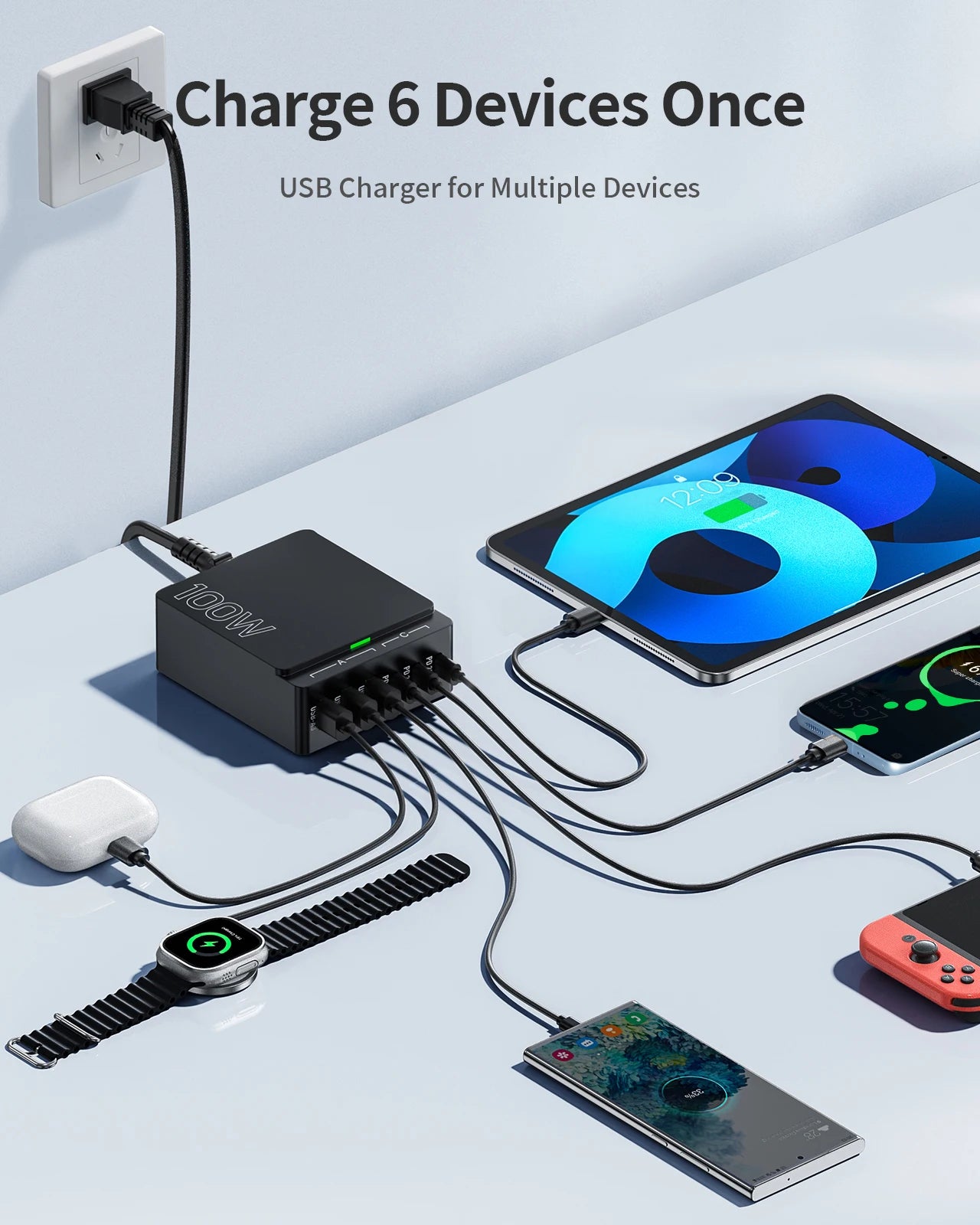100W 6-Port GaN Quick Charge Hub for Cell Phone Tablet Laptop