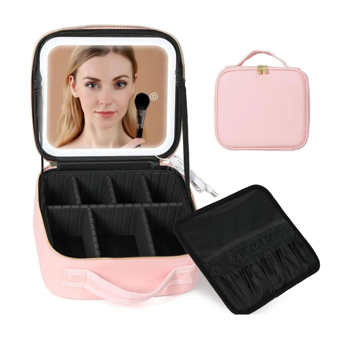 Travel Makeup Bag With LED Lighted Mirror Makeup Train Case With Adjustable Dividers