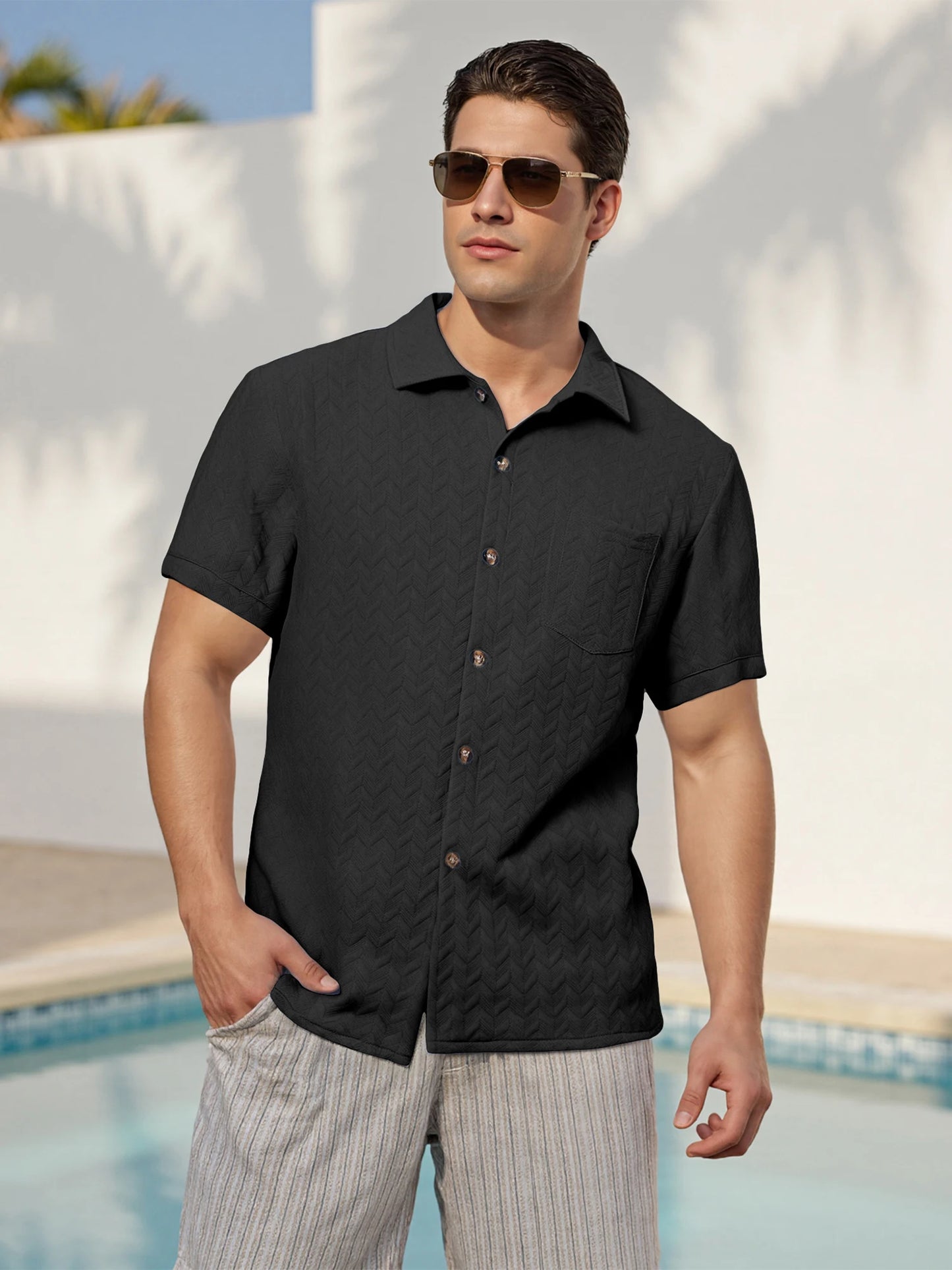 Men's Casual Short Sleeve Button Down Shirt with Turn Down Collar