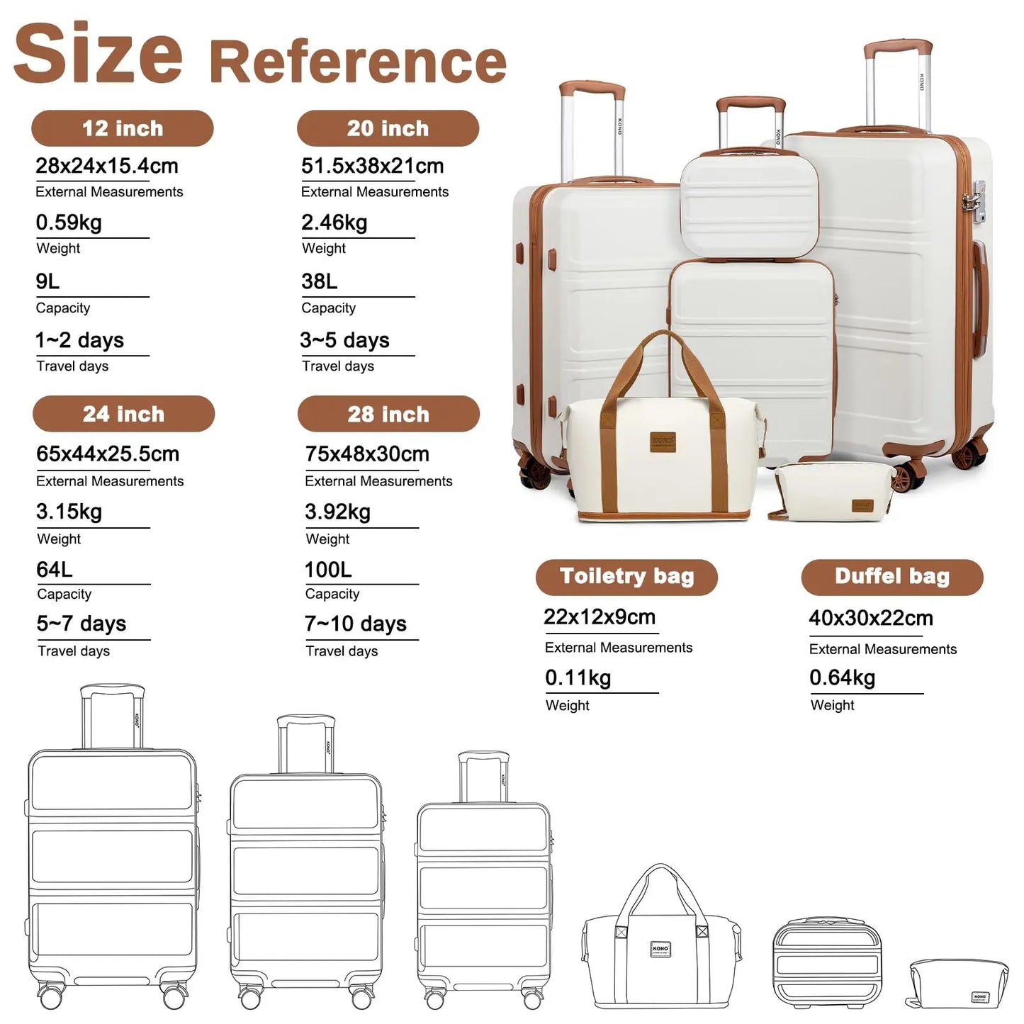 Kono 6 Piece Luggage Set Lightweight ABS Hardshell TSA Lock