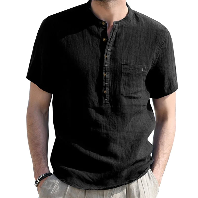 Men's Casual Fit Short Sleeve Linen Henley Shirt