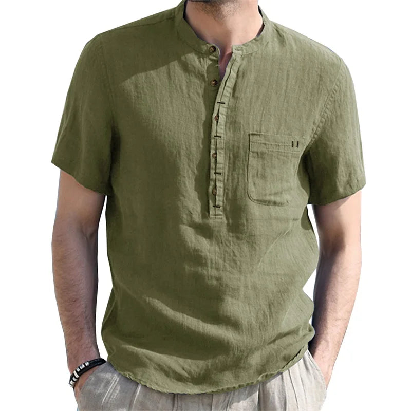 Men's Casual Fit Short Sleeve Linen Henley Shirt