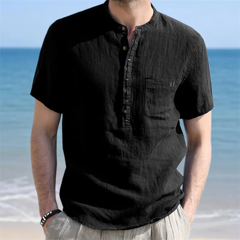 Men's Casual Fit Short Sleeve Linen Henley Shirt