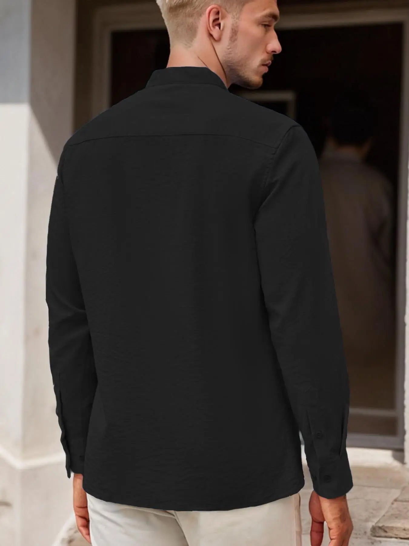 Men's Stand Collar Long Sleeve Casual Shirt for Spring and Summer