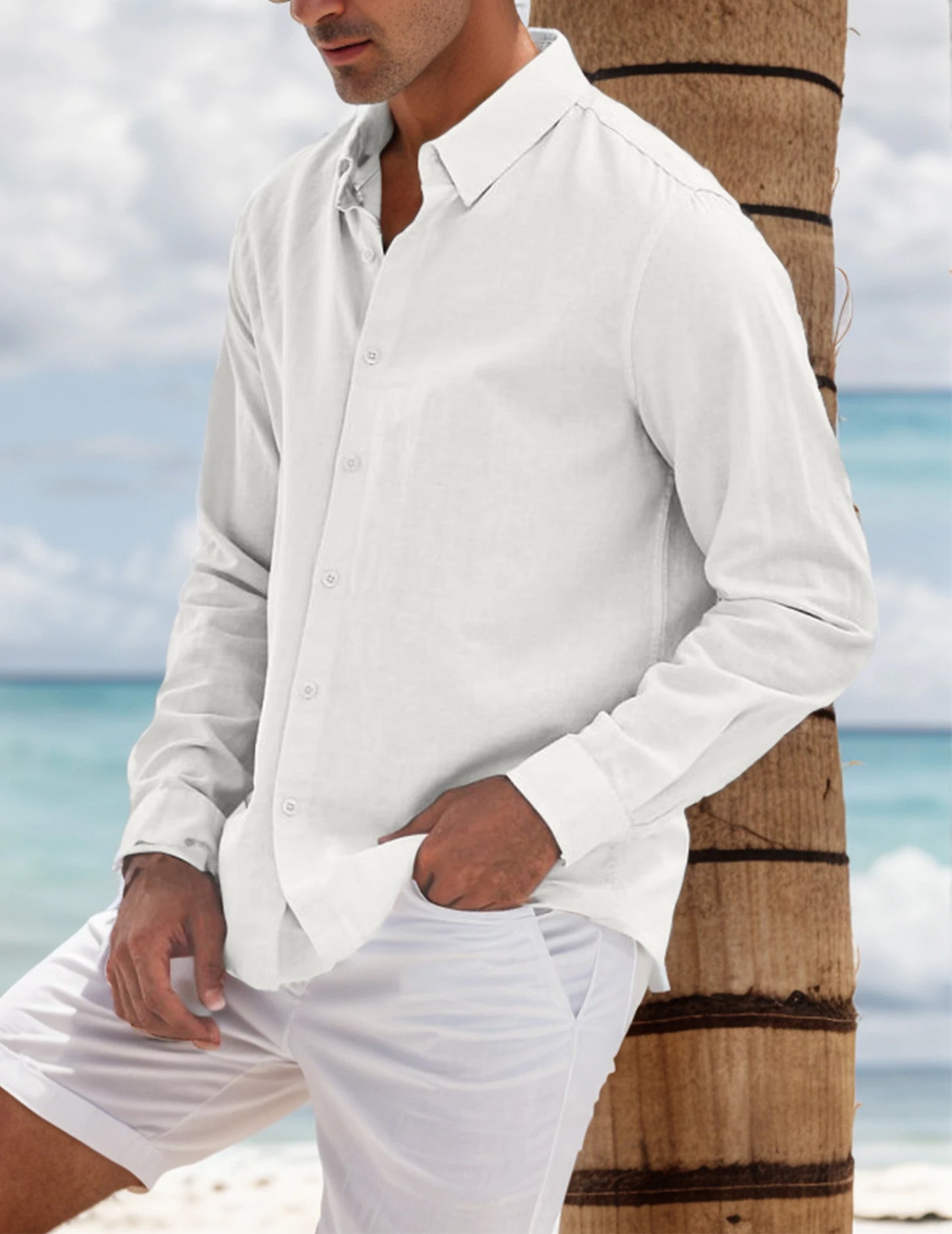 Men's Cotton Linen Collared Button Up Shirt Breathable Comfortable Casual Shirt