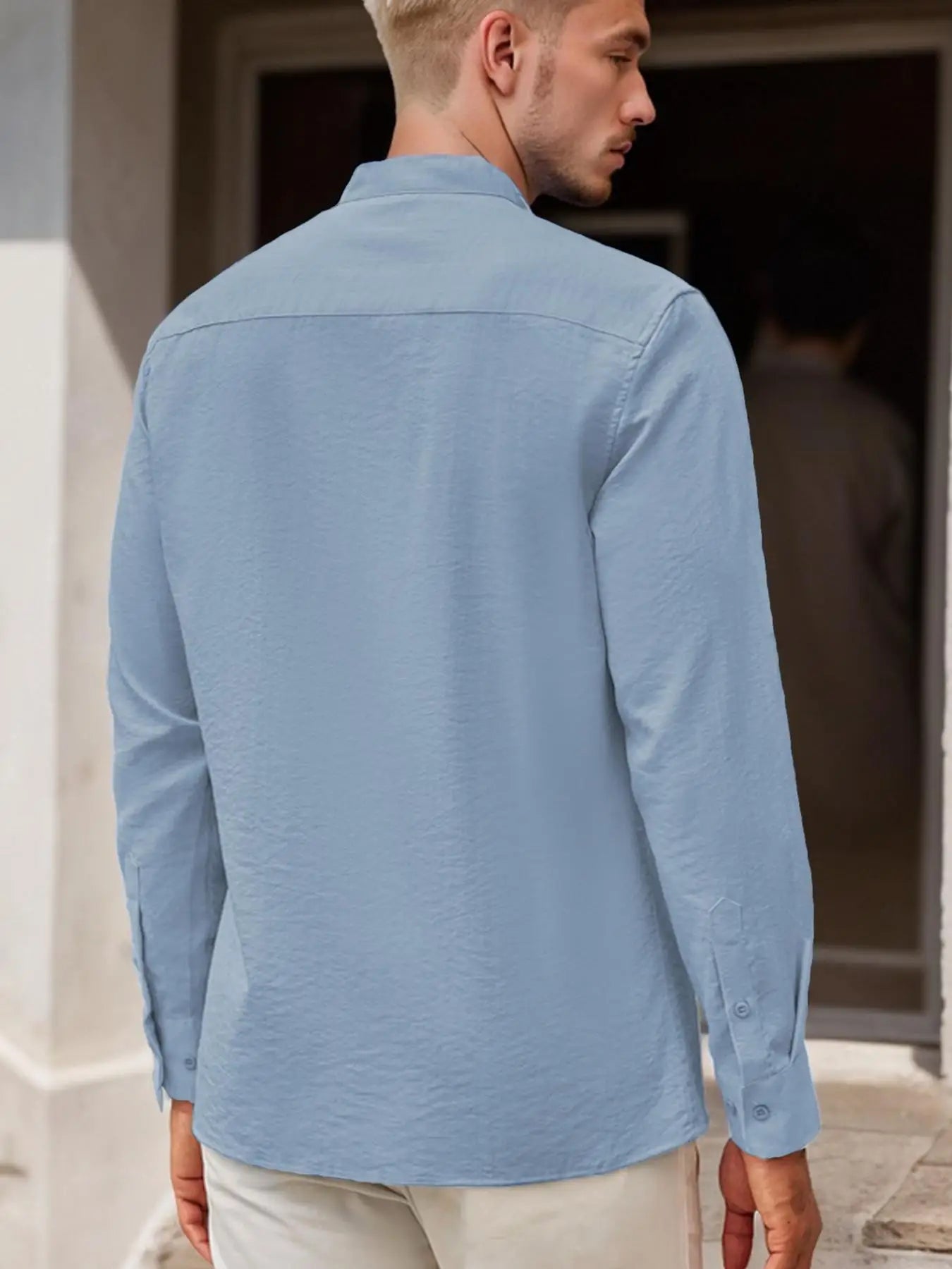 Men's Stand Collar Long Sleeve Casual Shirt for Spring and Summer