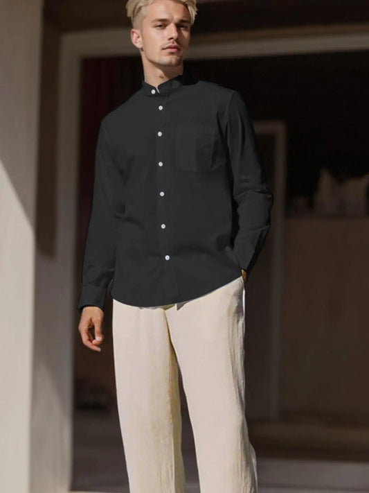 Men's Stand Collar Long Sleeve Casual Shirt for Spring and Summer