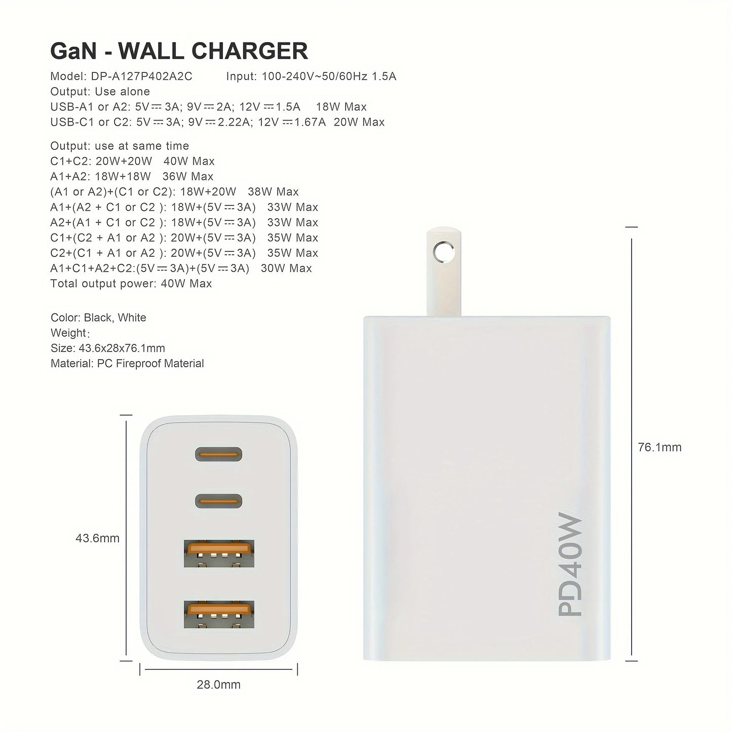 40W USB C 4-port Fast Charger Block