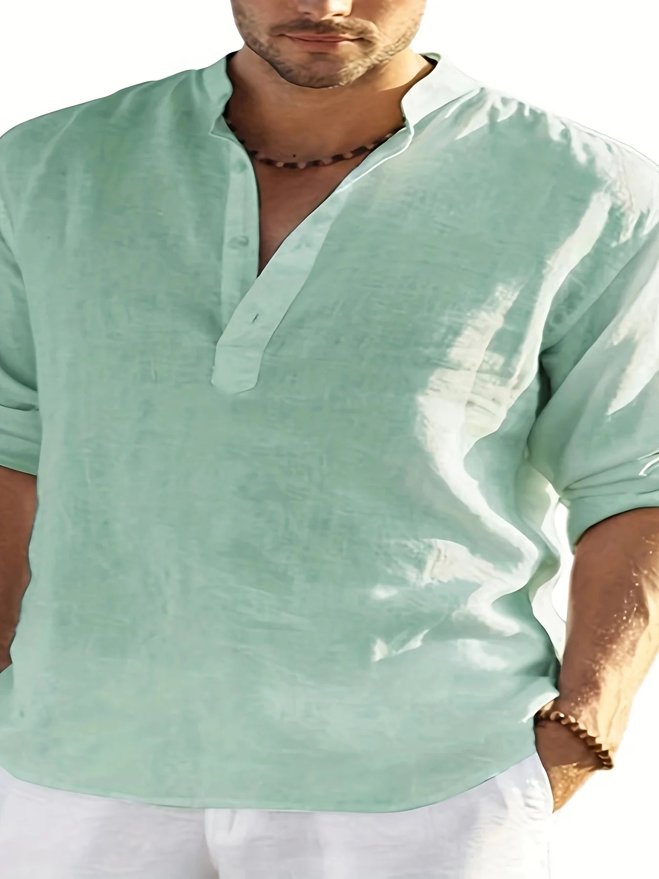 Men's Linen Stand Collar Long Sleeve T-Shirt Loose Fit Summer Casual Shirt