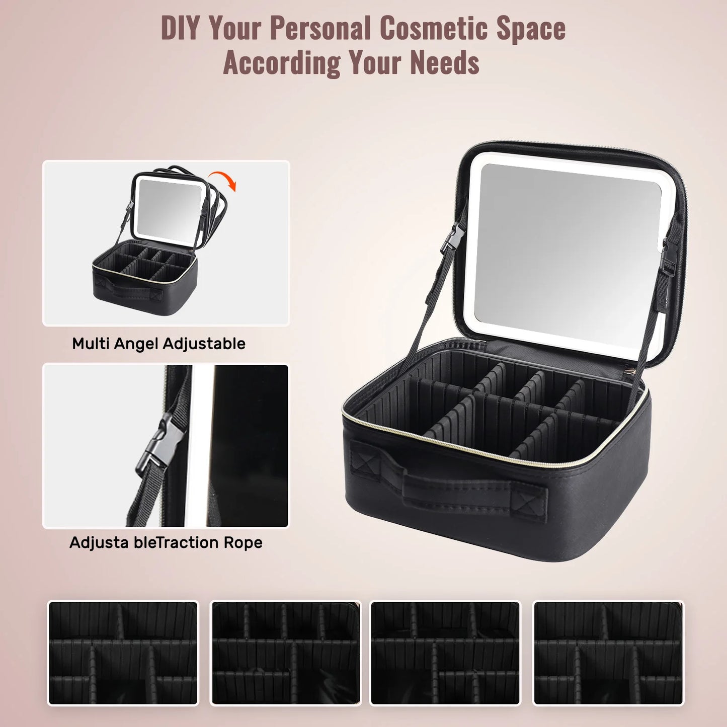 Travel Makeup Bag With LED Lighted Mirror Makeup Train Case With Adjustable Dividers