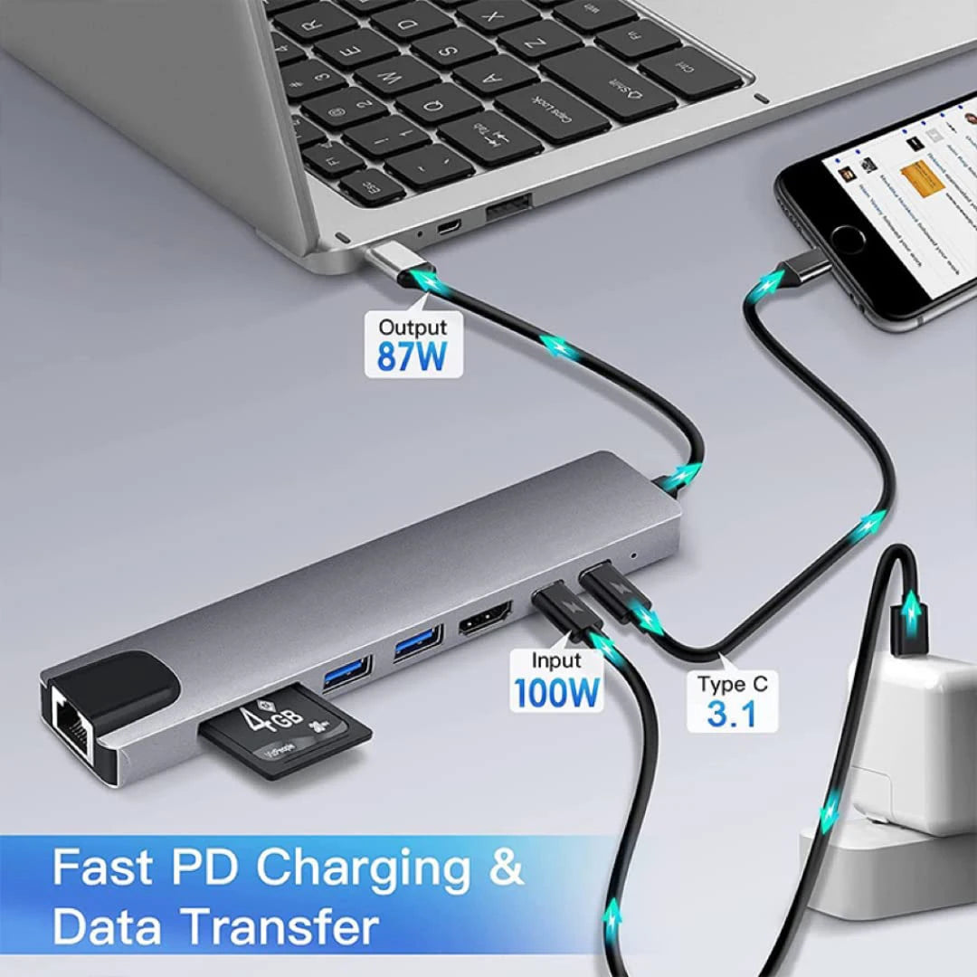 8 in 1 USB Type C Hub 4K HDTV Adapter