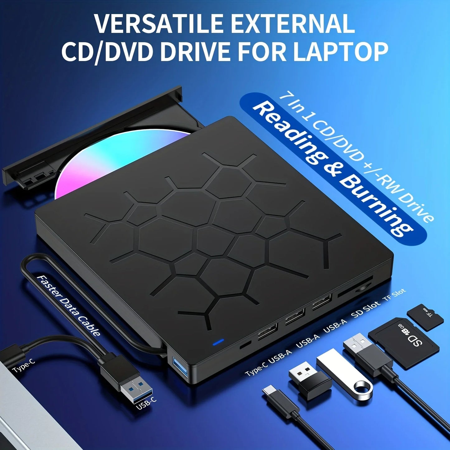 External Drive 7 IN 1 USB 3.0 Portable DVD Player Compatible With PC