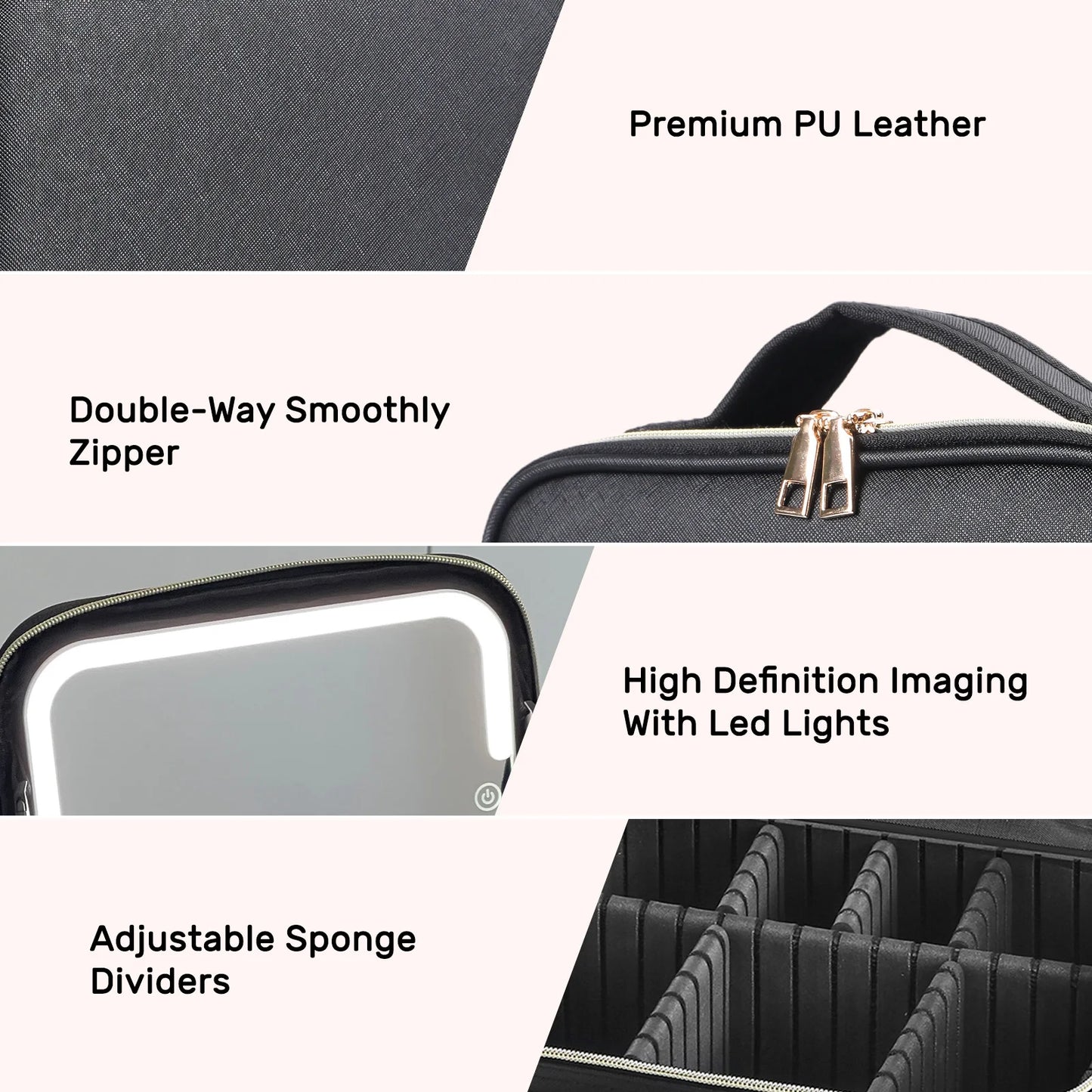 Travel Makeup Bag With LED Lighted Mirror Makeup Train Case With Adjustable Dividers