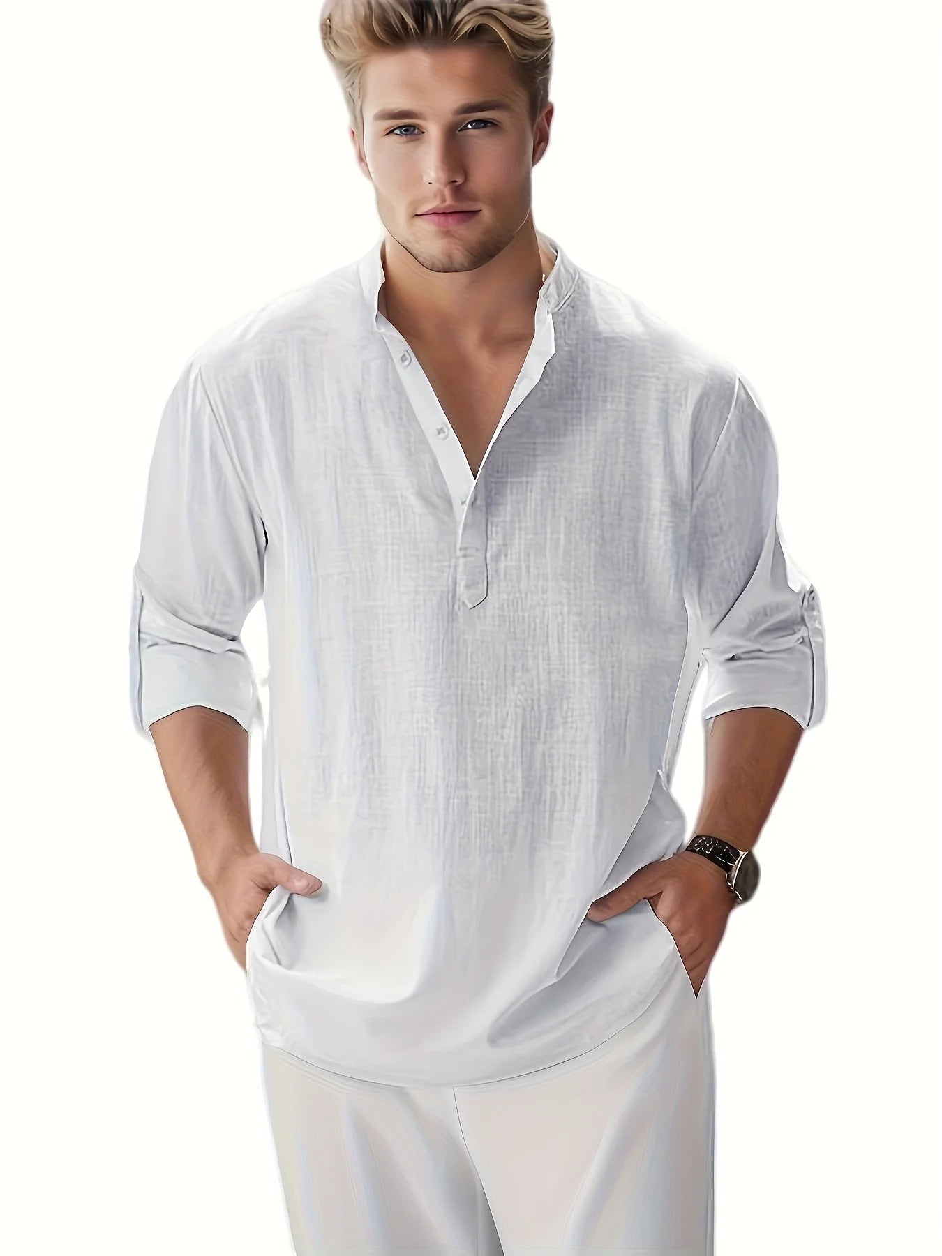 Men's Linen Stand Collar Long Sleeve T-Shirt Loose Fit Summer Casual Shirt