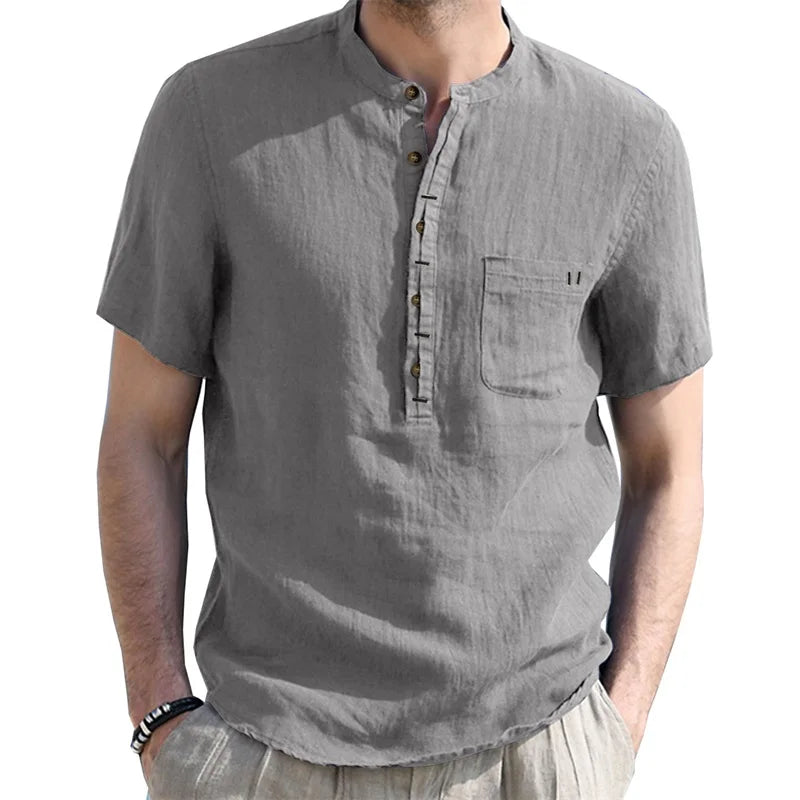 Men's Casual Fit Short Sleeve Linen Henley Shirt