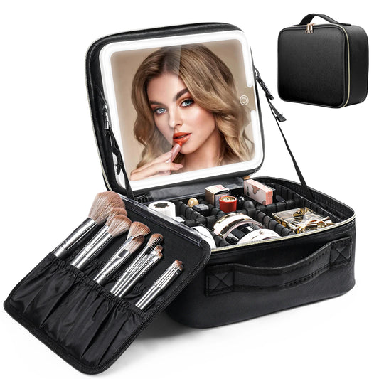 Travel Makeup Bag With LED Lighted Mirror Makeup Train Case With Adjustable Dividers