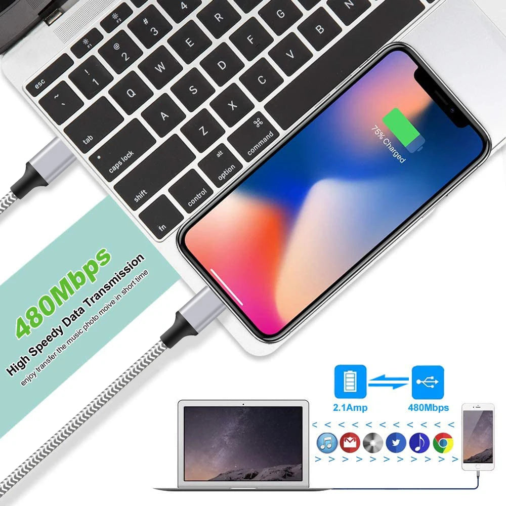 3pcs Nylon Braided Fast Charging Cables 3ft 6ft 10ft