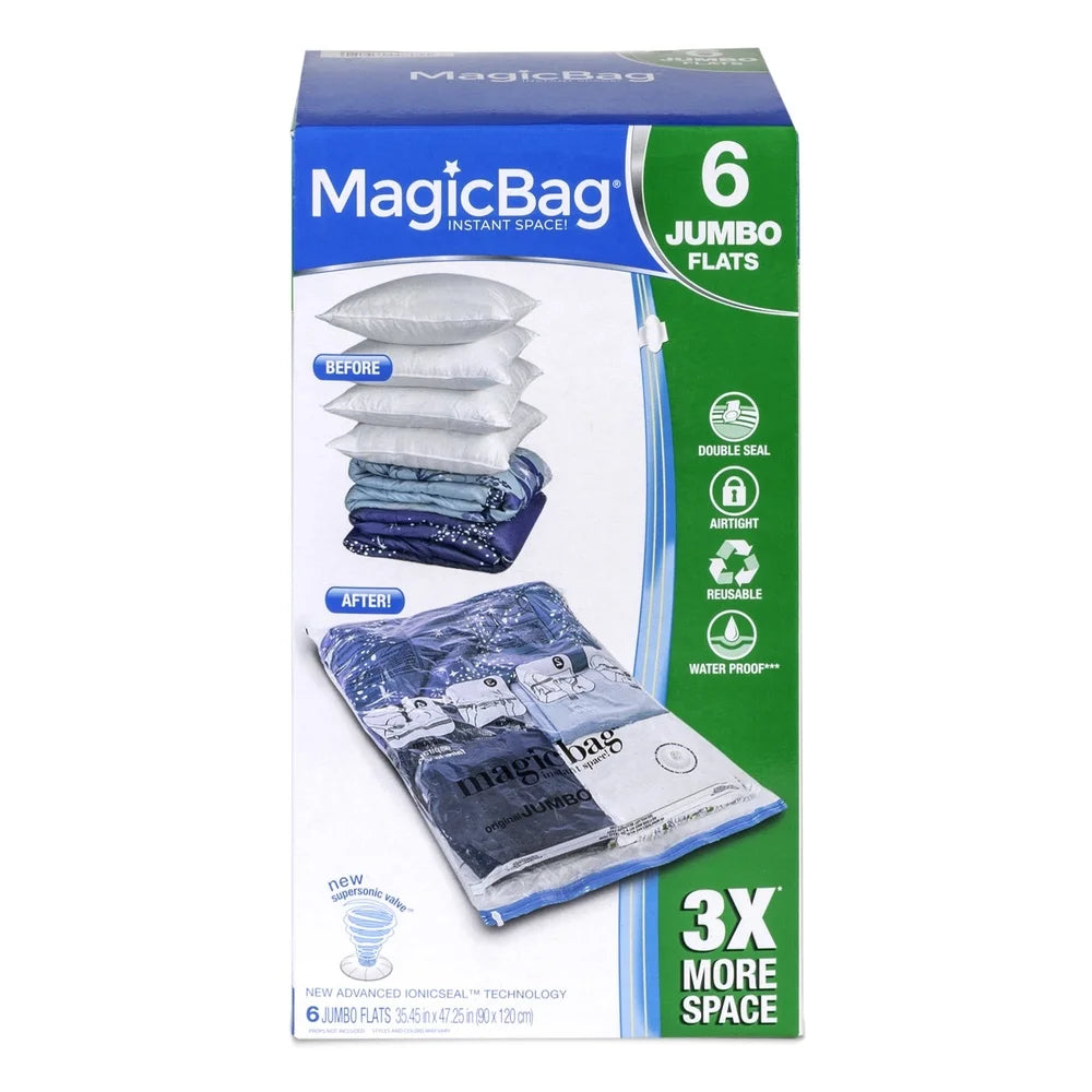 MagicBag Space Saver Vacuum Bags 6 Pack Clear Portable Storage Bags Eco-Friendly Rectangular Design