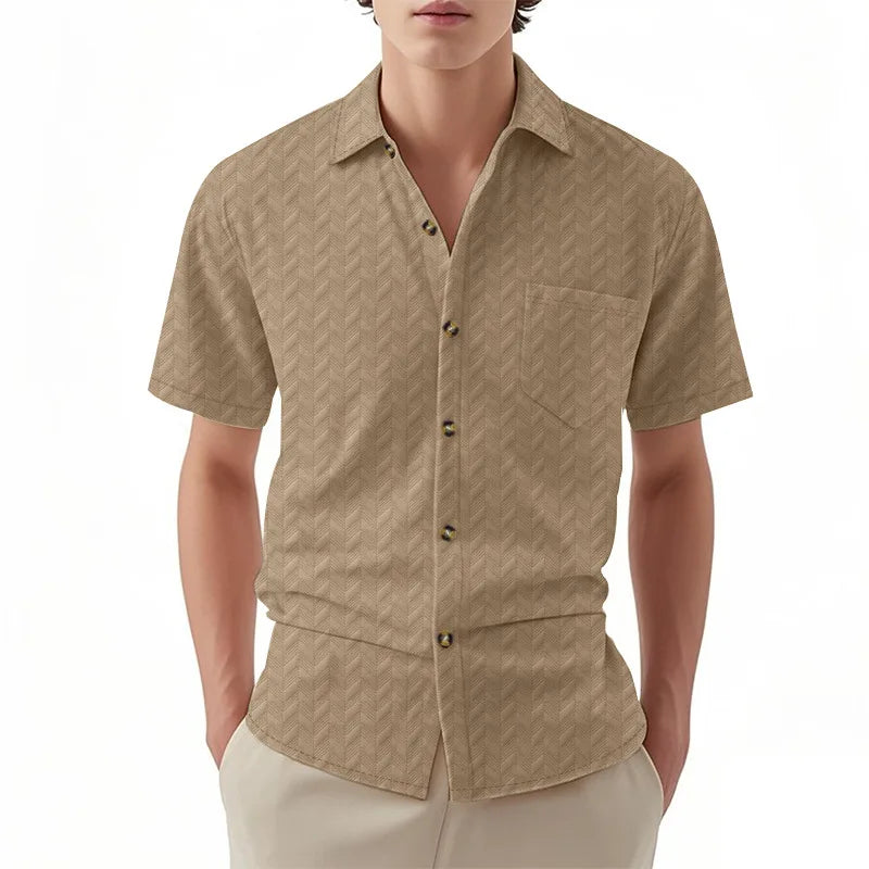 Men's Casual Short Sleeve Button Down Shirt with Turn Down Collar