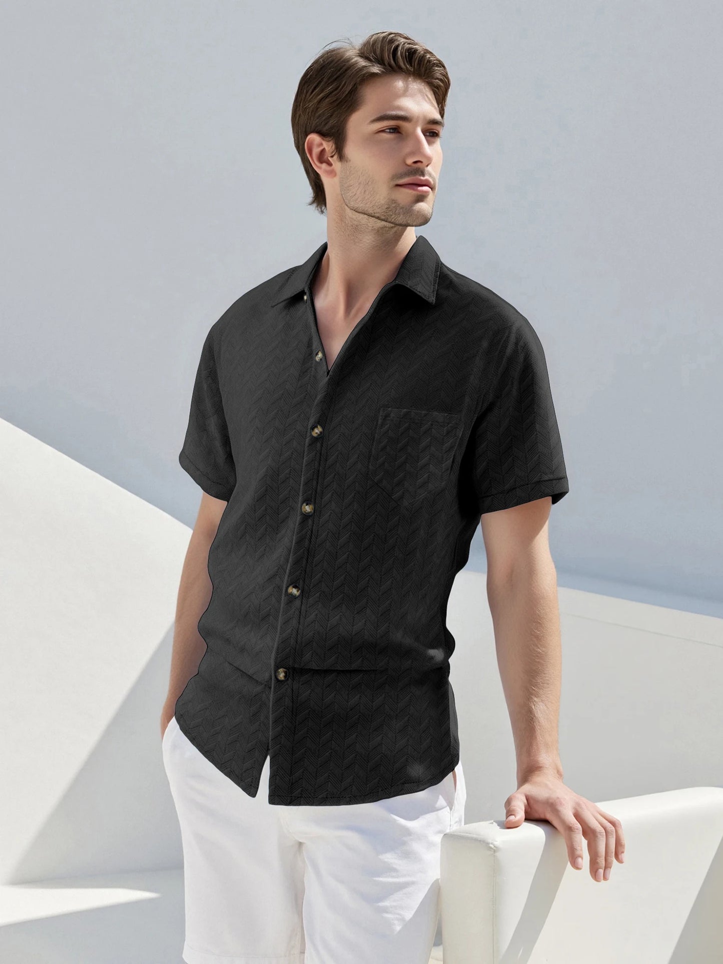 Men's Casual Short Sleeve Button Down Shirt with Turn Down Collar
