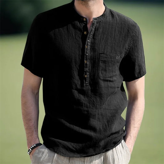 Men's Casual Fit Short Sleeve Linen Henley Shirt