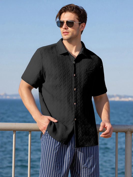 Men's Casual Short Sleeve Button Down Shirt with Turn Down Collar