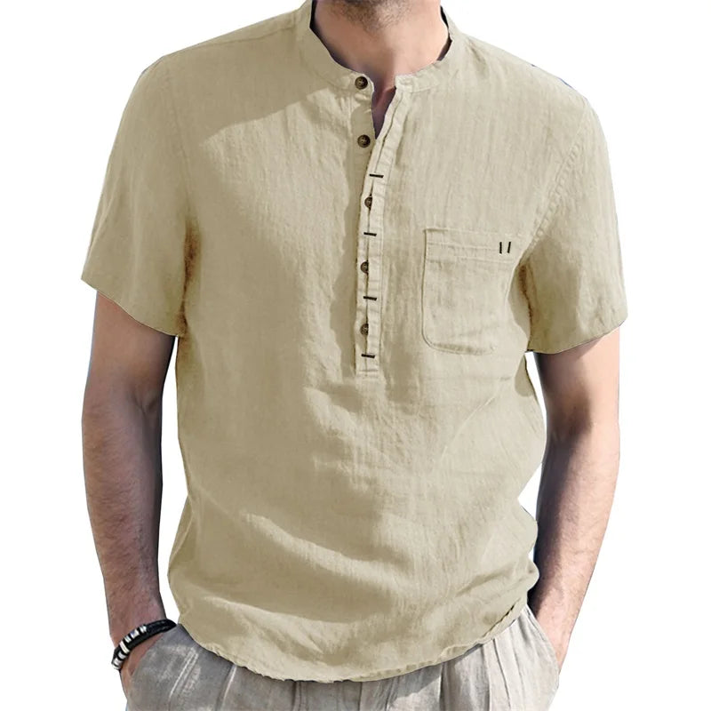 Men's Casual Fit Short Sleeve Linen Henley Shirt