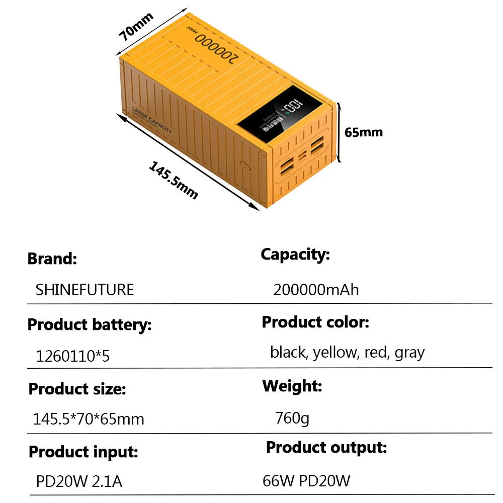 200000mAh Power Bank 66W Fast Charger Portable For Phones