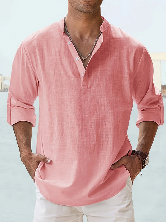 Men's Linen Stand Collar Long Sleeve T-Shirt Loose Fit Summer Casual Shirt
