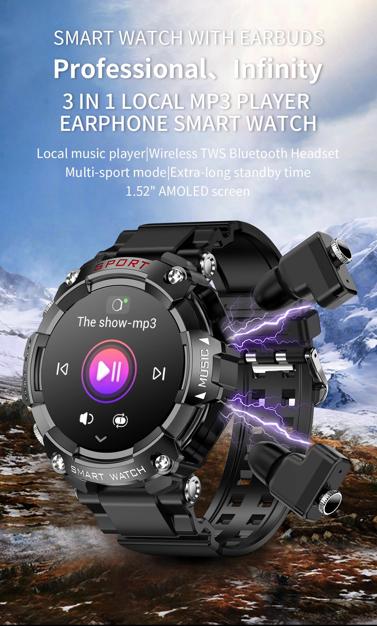Smart Watch AMOLED Display With In-Ear Bluetooth Headset