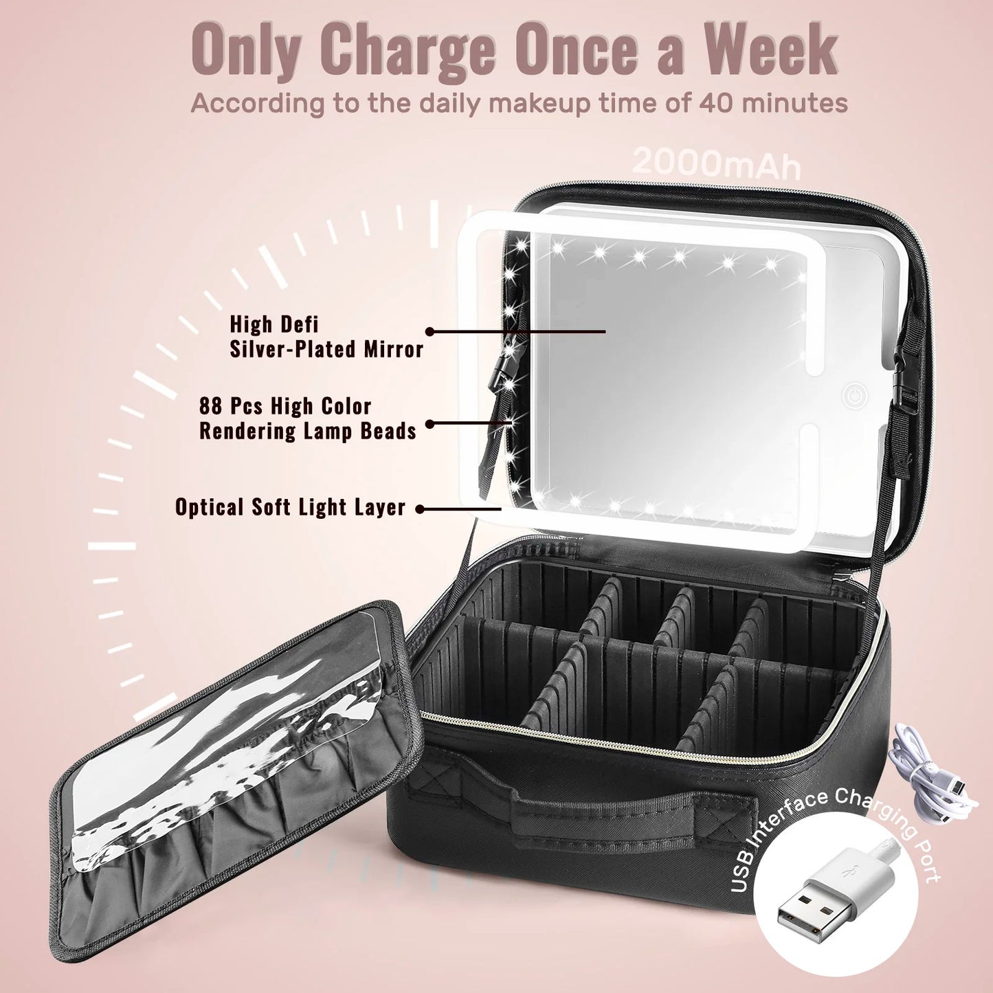 Travel Makeup Bag With LED Lighted Mirror Makeup Train Case With Adjustable Dividers