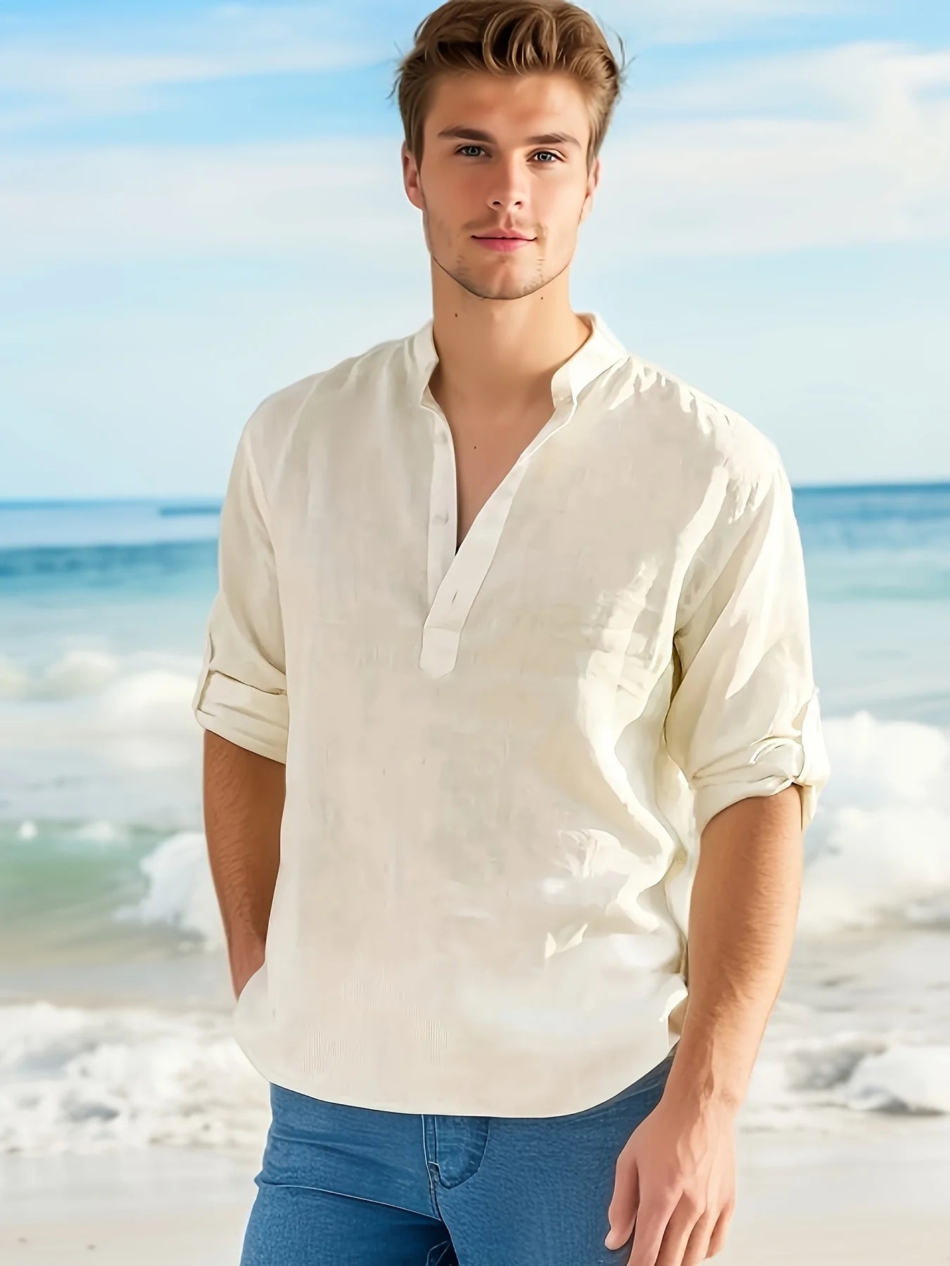 Men's Linen Stand Collar Long Sleeve T-Shirt Loose Fit Summer Casual Shirt