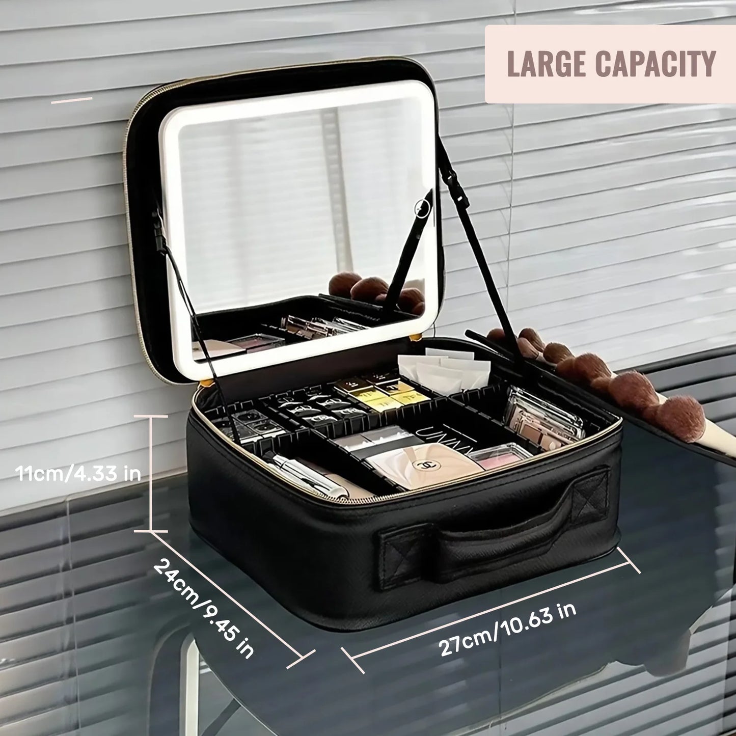Travel Makeup Bag With LED Lighted Mirror Makeup Train Case With Adjustable Dividers
