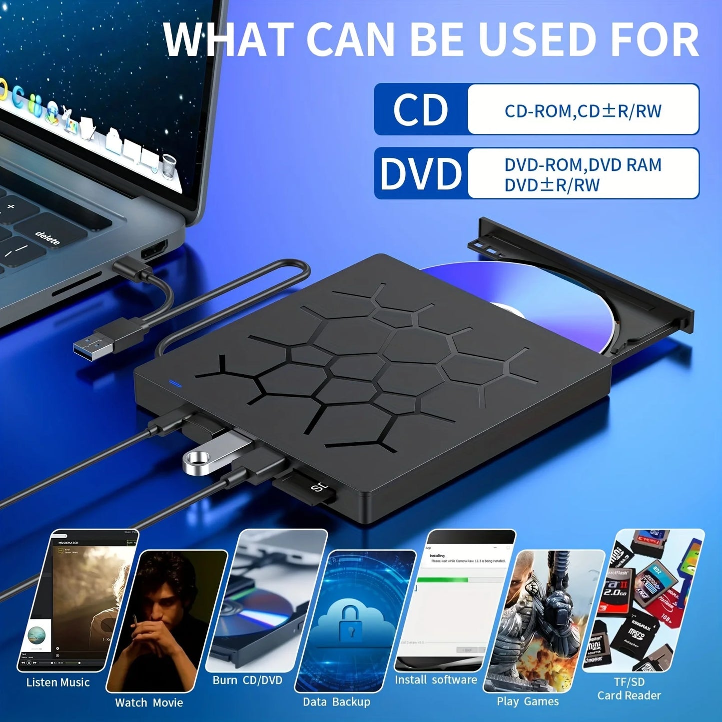 External Drive 7 IN 1 USB 3.0 Portable DVD Player Compatible With PC