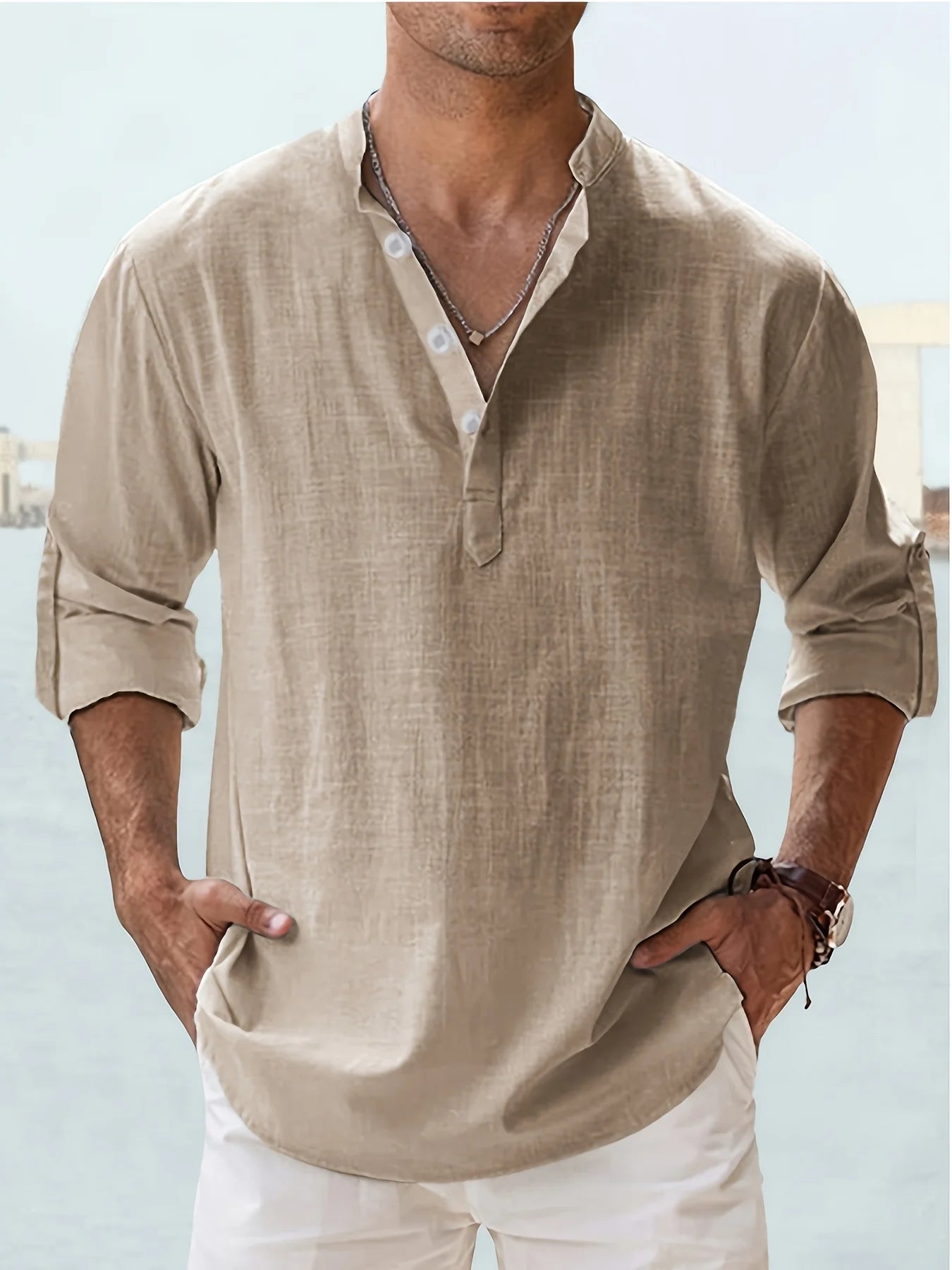 Men's Linen Stand Collar Long Sleeve T-Shirt Loose Fit Summer Casual Shirt
