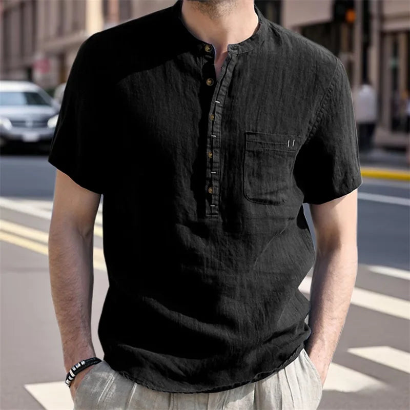 Men's Casual Fit Short Sleeve Linen Henley Shirt