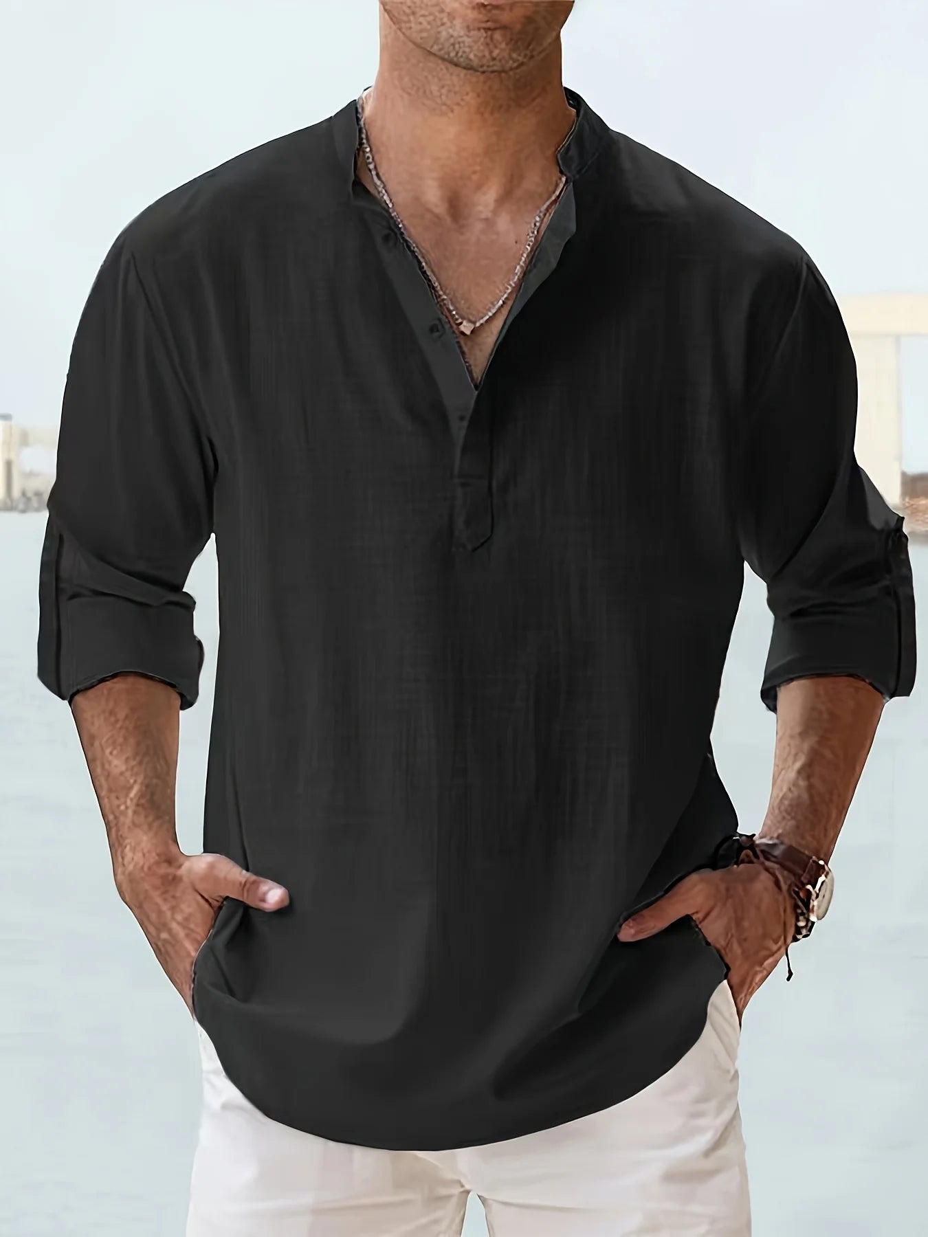 Men's Linen Stand Collar Long Sleeve T-Shirt Loose Fit Summer Casual Shirt