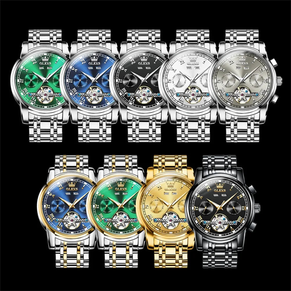 OLEVS Automatic Mechanical Men Watches Stainless Steel Waterproof Date Week Green Fashion Classic Wrist Watches Reloj Hombre